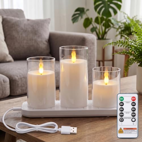 Image of Homemory Pure White Rechargeable Flameless Candles, Remote Timer, Set of 3