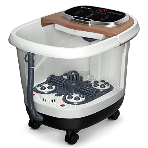 COSTWAY Fußbad mit Massagefunktion & Duschfunktion, 500W Elektrische Fußbadewanne mit Heizung, Max. 48°C, 10-60 Min Timer, Shiatsu- & Rollenmassage, Fußbad Massagegerät auf Rollen (Braun)