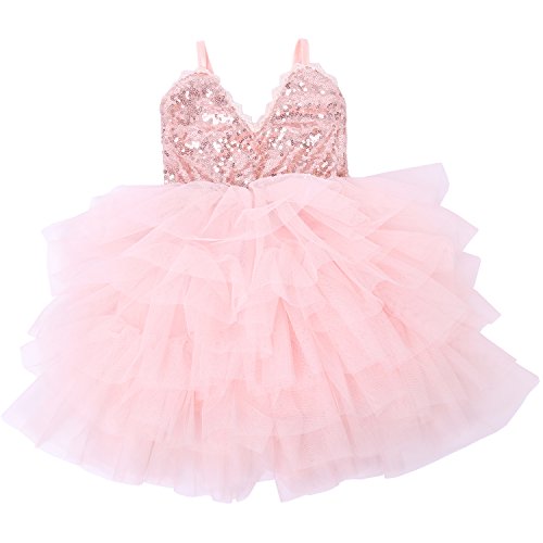 Cilucu Girls Dress Toddler Kids Party Dress Sequin Tutu Pageant Lace Dresses Gown for Flower Girl Baby Rose Gold/Pink Peach