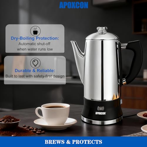 APOXCON Electric Coffee Percolator Stainless Steel Coffee Maker with Tough Glass Knob Classic Coffee Pot with On/OFF Switch Keep Warm & Cordless Serve No Aluminum (12 Cup)