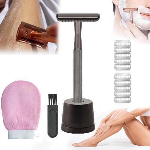 Camelie Eco Razor 2.0キット - 痛みのないダブルエッジ安全カミソリ 10枚の再利用可能な刃付き 脚を滑らかにし、プラスチックを捨てる (ブラック)