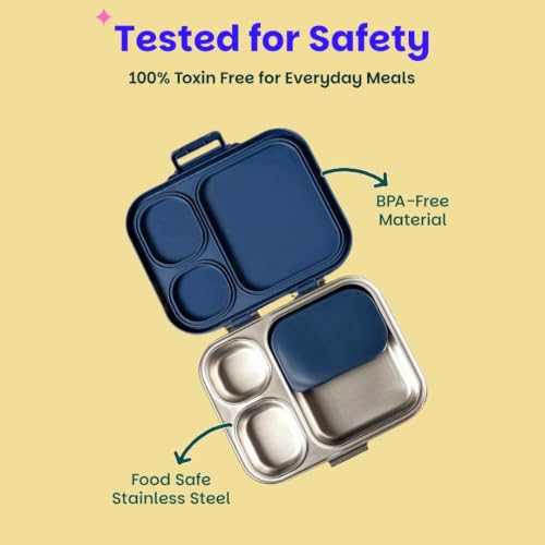 Image of Basil Bento Box Quad Plus - 3+1 Compartment Stainless Steel Lunch Box (1020ml) with BPA-Free Lid | Leak-Proof Tiffin for Kids & Adults | Premium Lunch Box for School, Office & Picnic - Indigo Zen