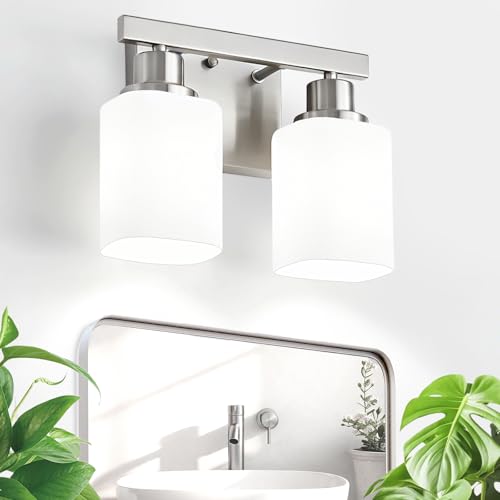Image of 2 Light Brushed Nickel Vanity Light,Brushed Nickel Vanity Lights for Bathroom,Bathroom Light Fixtures Over Mirror,Wall Sconces for Living Room,Bedroom,Hallway(E26 Base)