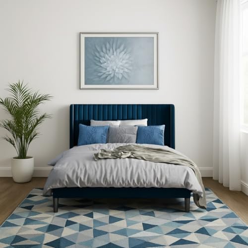 Image of Metal Upholstered Bed Queen Size Without Storage | Wooden Queen Size Cot with Headboard | Double Size Bed for Bedroom | Palang Furniture for Guest Room & Hotels, Blue, (Blue)