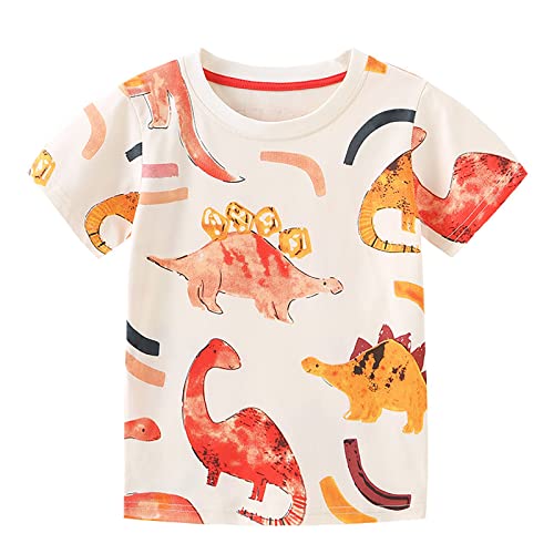 Image of Toddler Kids Baby Boys Girls Summer Cartoon Dinosaur Print Short Sleeve Crew Neck T Shirt Tops Blouse Cute Unisex Tees Shirt First Birthday Outfit Girl Photoshoot(Beige,12-18 Months)