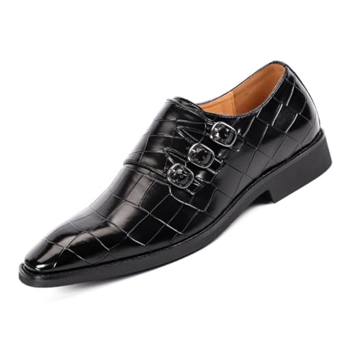 Men's Printed Oxford Dress Shoes, Stylish Metal Buckle Comfortable Slip-on Pointed Toe Dress Shoes Business Wedding Slip-on Men's Loafers (Black,7)