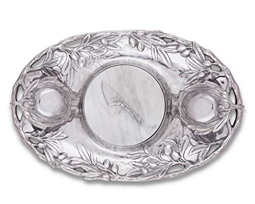 Arthur Court Sand-Cast Aluminum Olive Pattern 5 Piece Entertainment Tray 2 Serving Bowls, Tray, Spread, Marble 20 Inch X 13 Inch #TOP4