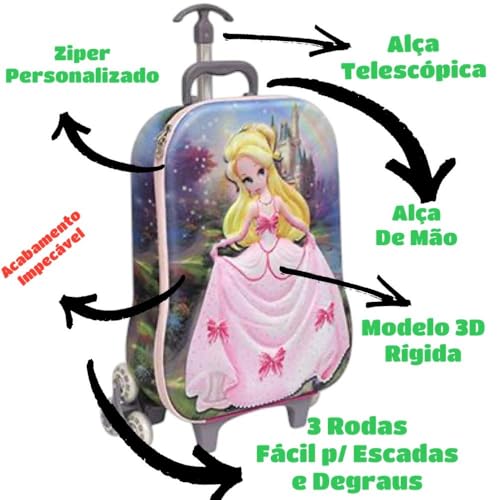 Mochila Escolar Infantil 3D Princesa, Kit com 3 Peças, 3 Rodinhas, Rosa