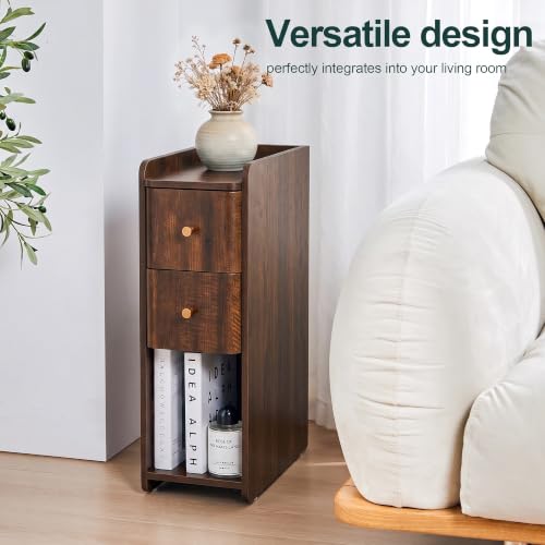 Image of Narrow Nightstand Set of 2, Wooden Small 2 Drawer Nightstand, Slim Side End Table, Skinny Bedside Table, Mid Century Modern Night Stand with Drawers for Bedroom (Cherry Walnut-2 pcs)