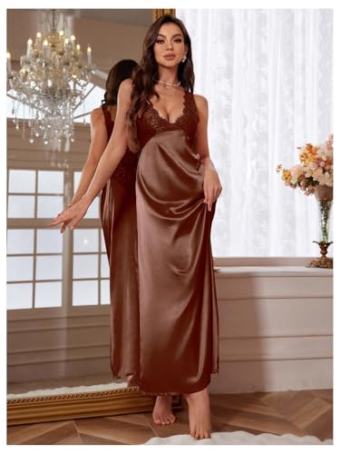 Image of WDIRARA Women's Satin Sleepwear Nightgown | Lace, Backless, Deep V Neck, Sleeveless, Long