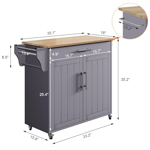 Kitchen-Storage-Island-Wooden-Rolling-Kitchen-Island-On-Wheels-with-Countertop-Mobile-Kitchen-Island-Cart-with-Towel-Rack-Spice-Rack-and-Drawers-Grey Kitchen Storage Island Wooden Rolling Kitchen Island On Wheels with Countertop Mobile Kitchen Island Cart with Towel Rack Spice Rack and Drawers Grey