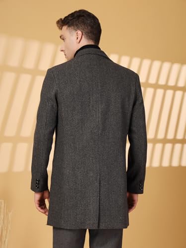 Image of CHKOKKO Men Stylish Long Winter Coat Single Breasted Thigh Length Overcoat with Elegant Spread Collar & Practical Front Side Pockets for Formal or Semi-Formal Occasions
