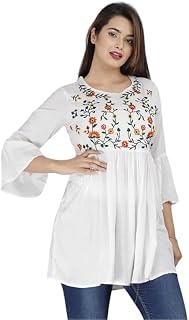 Women's White Floral Embroidered Kurti Top, Bell Sleeves, Gathered Fit, Casual Wear PF_01 Price In India