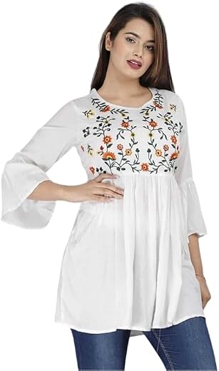 Women's White Floral Embroidered Kurti Top, Bell Sleeves, Gathered Fit, Casual Wear PF_01