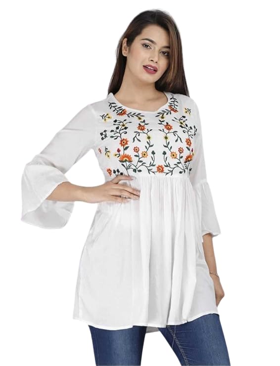 Women's White Floral Embroidered Kurti Top, Bell Sleeves, Gathered Fit, Casual Wear SSF_016 - Review, Price and Buying Guide