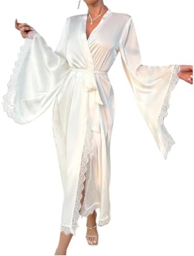 Satin Lace Robe for Women Long Kimono Bathrobe Lightweight Silky Sleepwear