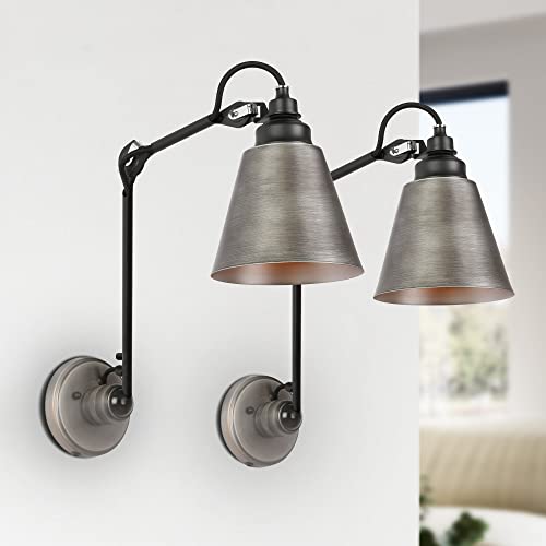 Image of LALUZ Swing Arm Wall Sconce Set of 2, Modern Farmhouse Sconce Wall Lighting Vintage Adjustable Wall Mounted Lights with Black Silver Finish