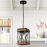 Rustic Farmhouse Wood Pendant Light Fixture One-Light Adjustable Chain Oak Wood and Metal Lantern Cage Small Pendant Lighting for Kitchen Island Sink Hallway Farmhouse Bathroom Bar, Black