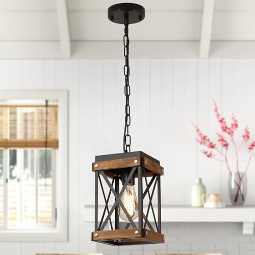 Rustic Farmhouse Wood Pendant Light Fixture One-Light Adjustable Chain Oak