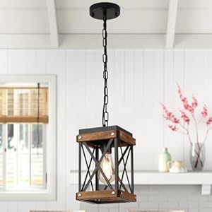 Rustic Farmhouse Wood Pendant Light Fixture One Light Adjustable Chain Oak Wood and Metal Lantern Cage Small Pendant Lighting for Kitchen Island Sink Hallway Farmhouse Bathroom Bar Black