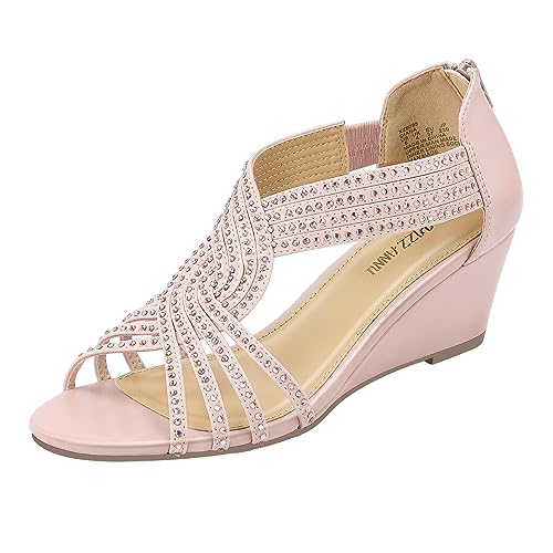 PIZZ ANNU Women's Diana Low Wedge Sandals Sparkly Rhinestone Open Toe Fashion Dress Shoes for Woman Lady in Bridal Dance Evening, 2 Color, Rose Gold, 9.5