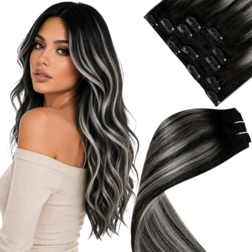 Image of LaaVoo Clip in Hair Extensions Ombre Black to Silver, 5pcs 80g | Hair Extensions Clip in Real Human Hair for Quick Volume, Natural, Short Straight, Double Weft,14 inch