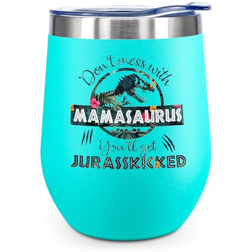 ATHAND Mamasaurus Tumbler with Lid 12oz - Mom Cup Double Wall Insulated Coffee Mug-Stemless Wine Glasses-Novelty Valentines Day Birthday Holiday Gift for Mom Wife Women Presents(Mint)