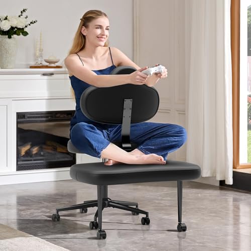 Image of Pinmoco Cross Legged Office Chair with Wheels, Meditation Chair, ADHD Chair for Adults, Wider Height Adjustable Backrest and Seat, Yoga Office Chair, PU Leather, Black