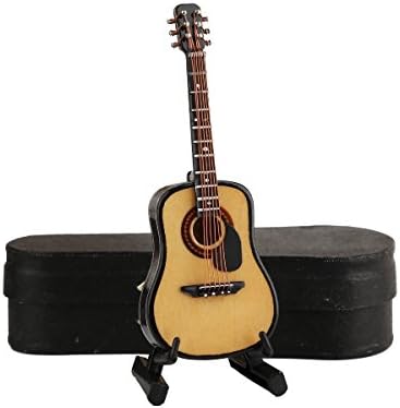 Dselvgvu Wooden Miniature Guitar with Stand and Case Mini Musical Instrument Replica Collectible Miniature Dollhouse Model Home Decoration (Acoustic Guitar:with Pick Guard, 3.93"x1.42"x0.56")