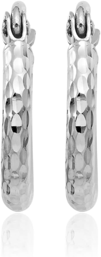 IceCarats 14K Solid White Gold Round Small Huggie Hoop Earrings 13mm 1/2 inch Snap Back, Diamond Cut For Her