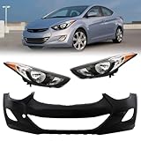 PENSUN Front Bumper Cover Kit Fit for 2011 2012 2013 Hyundai Elantra 1.8L Engine Sedan, USA Built Vehicle HY1000185 (Front Bumper Cover + Headlights)