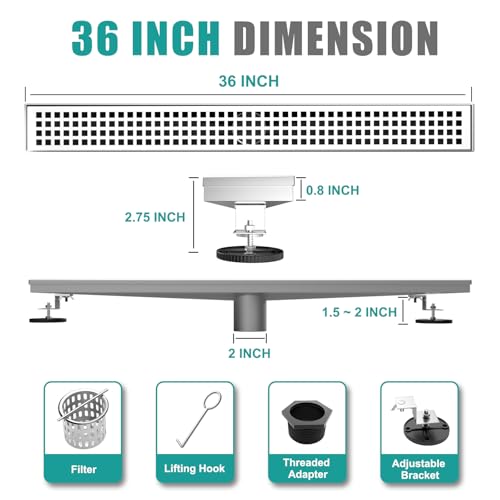 Image of BARONAGE 36 Inch Linear Drain Shower Rectangular Floor Drain with Removable Square Hole Cover and Hair Catcher, Long Shower Drains 304 Stainless Steel CUPC Certified (Brushed Nickel)