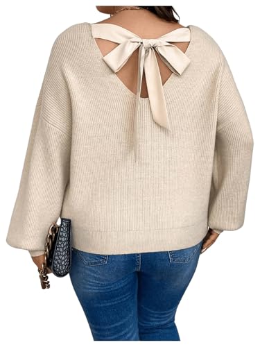 MakeMeChic Women's Plus Size Sweater Long Sleeve Bow Knot Backless Round Neck Knit Tops