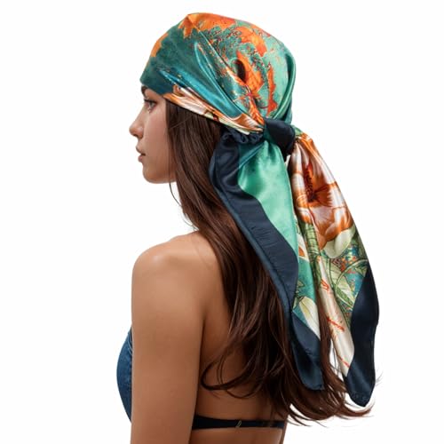 RIIQIICHY Head Scarf for Women Like Silk Scarf Hair Scarf Printed Square Scarf Bandanas for Women 35 Inches Navy/Orange/Yellow/Cream