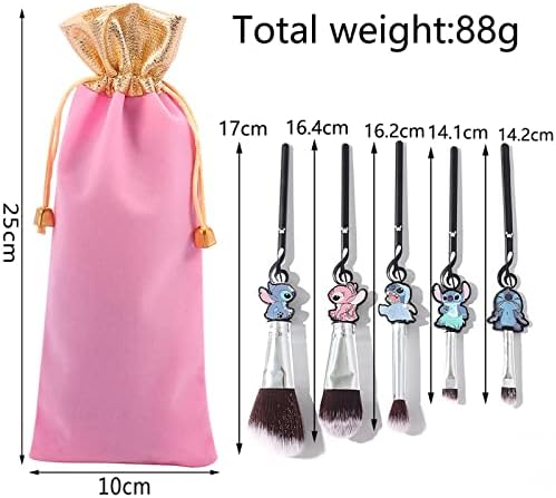Boyigog 5Pcs Stitch Makeup Brushes with Storage Bag, Stitch Theme Cosmetic Brush for Powder Eyeshadow Blushes Lips Portable Makeup Brush Set, Lovely Stitch Gift for Girl Women