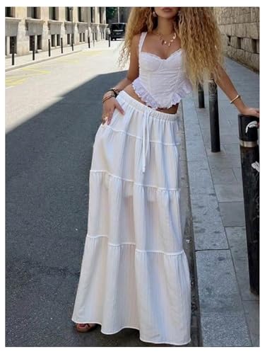 SOLY HUX Women's Drawstring Waist Ruffle Tiered Layer A Line Flowy Beach Maxi Skirts Vacation Outfit4