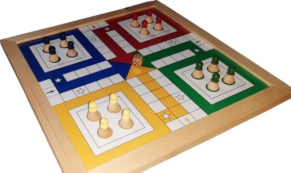 Image of CHECK BOX Handicrafts | Wood Framed Ludo Board Game Big Size with Wooden Megnatic Multicolor Coins & Wooden Dice (Laminated Glass Finish) (18x18 Inches, 2, Count)