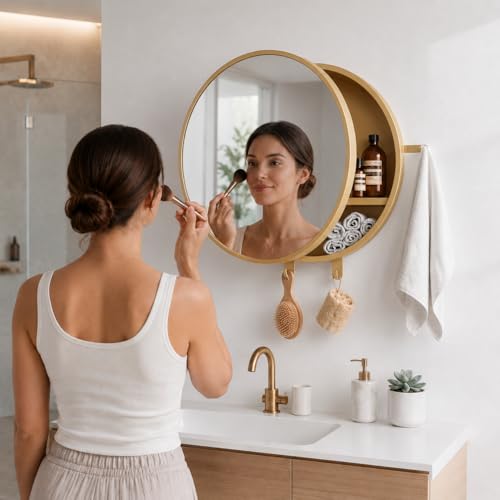 Image of CIPLA PLAST Rich Look Bathroom Cabinet with Mirror | Storage Organiser | Strong Plastic Bathroom Shelves Wall Mounted | Bathroom Accessories| Mirror Cabinet (2, METELLIC Gold, Round)