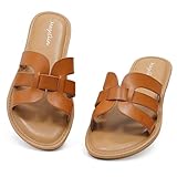 mazeskin Womens Memory Foam H-Band Summer Comfortable Dressy Flat Slide Sandals,Cognac Leather US7