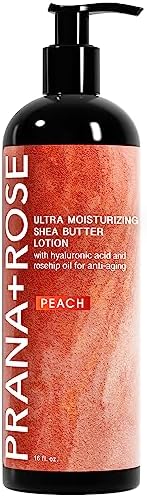 PRANA+ROSE Ultra Moisturizing Shea Butter Lotion with Hyaluronic Acid and Rosehip Oil for anti-aging ORGANIC VEGAN body and hand lotion 16oz (Peach)