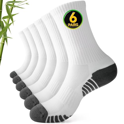 FALARY Mens Socks 9-11 Multipack of 6 Bamboo White Sports Socks Mens 9-12 Crew Length Cushioned 7-11 for Running Walking Gym Hiking Cycling Athletic Tennis Basketbale Breathable Anti Blister