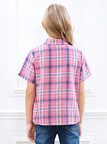 Sangtree Girls Plaid Shirt Summer Short Sleeve Button Down Shirts For Girls，1# Pink，7-8 Years = Tag 140 #TOP5