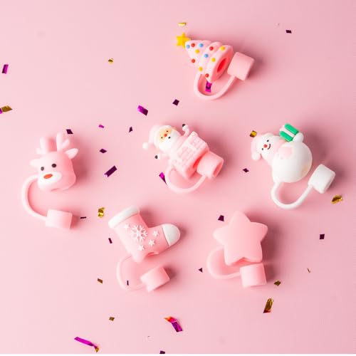 6Pcs Christmas Pink Straw Cover Cap for Stanley Cup 40oz/30oz Tumbler, 10mm Reusable Cute Drinking Straw Topper Accessories, Portable Protector Plugs Decorations Gifts for Party Christmas — view 3
