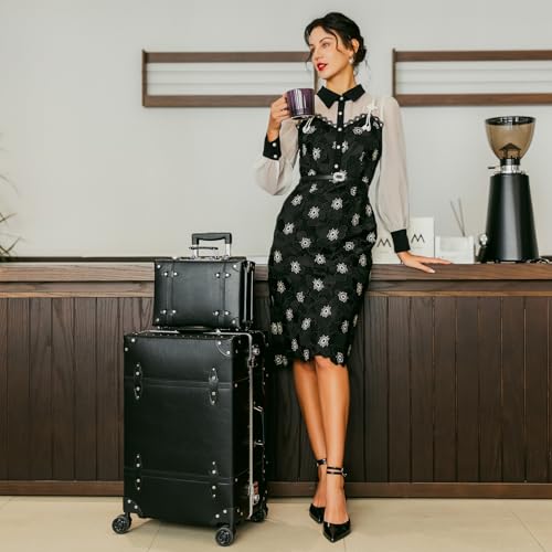 Image of Vintage PU Leather Luggage Set, Retro Trunk Suitcase with Wide Aluminum Frame, TSA Key Locks and Smooth 360 Spinner Wheels (Signature Black,26 inch+12 inch)