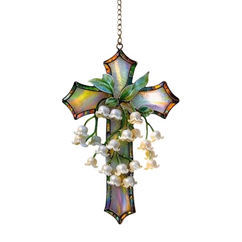 2026 Colgante de acrílico floral pintado a mano para sala de estar como regalo Pascua bautizo o iglesia (blanco, 15 cm)