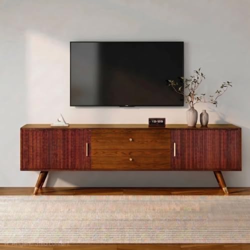 Image of MISAN Modern TV Table | Solid Sheesham Wood Sideboard TV Unit for Living Room, Bedroom, Office Furniture Stand | Wooden Free Standing Entertainment Unit Side Board Table with Storage (Modern, Brown)