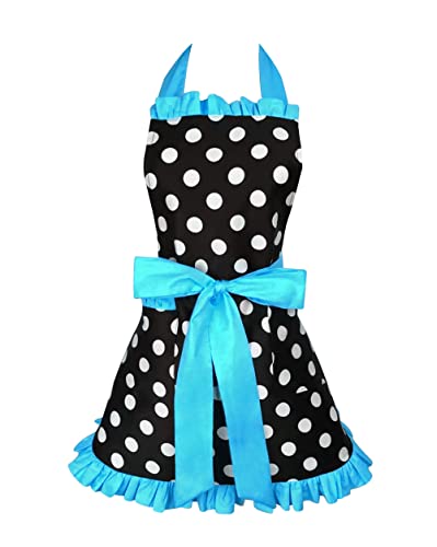 Floosum Lovely Polka Dot Retro Ruffle Side Sexy Cute Lady's Kitchen Cooking Apron With Pocket Gift For Women Girls Housewarming, Blue #TOP6