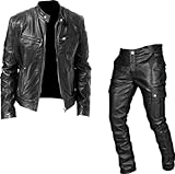 crazynekos Men's PU Leather Jacket Tracksuit Casual Sports 2 Piece Outfit Athletic Jogging Suits Sweatsuit (Large,Black)