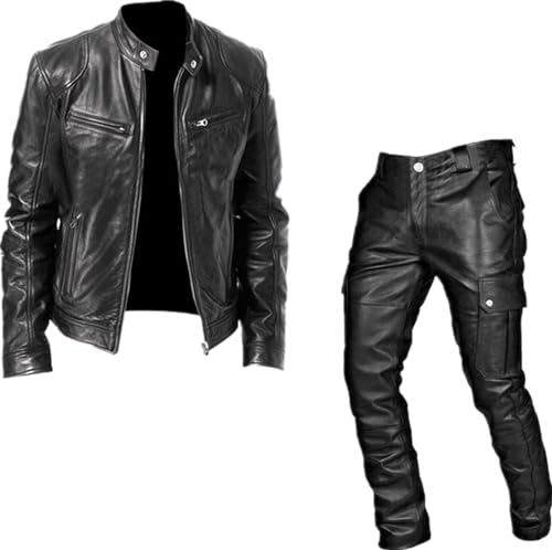 crazynekos Men's PU Leather Jacket Tracksuit Casual Sports 2 Piece Outfit Athletic Jogging Suits Sweatsuit