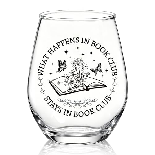 XQLZY What Happens In Book Club Stays In Book Club Stemless Wine Glass, Funny Reading Wine Glass Gifts for Lady Reader, Christmas Birthday Thanksgiving Gifts for Women Mom Aunt BFF